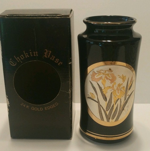 Chokin Vase Black 24KT Gold Edged Iris and Butterflies 6" Vintage with Box Japan eBay