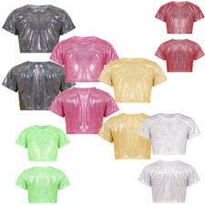 Kids Girls Boy Shiny Metallic Dance Top Short Sleeves Shirt Jazz Hip Hop Costume