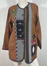 Lynn Murray Brown Colorful Wearable Art Applique Patches Jacket Coat Sz 4