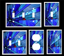 ABSTRACT BLUE STAINED GLASS INSPIRED LIGHT SWITCH COVER PLATE MADE IN USA