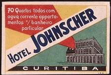 Hotel Johnscher Curtiba Brazil c1940s Luggage Travel Label 2.5 x 4"