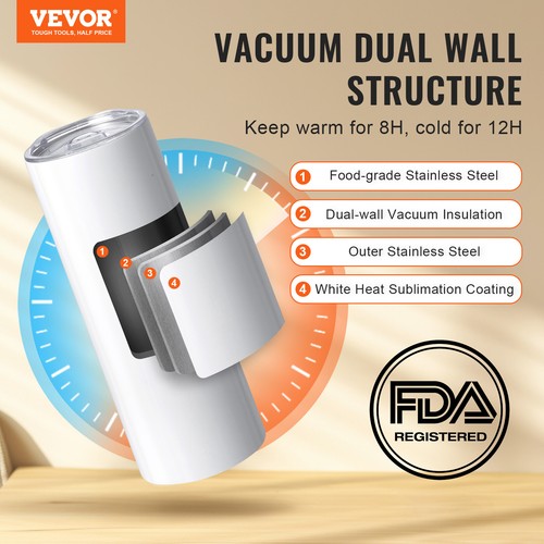 VEVOR 50Pack Straight Sublimation Tumblers Bulk Blank 20oz Stainless Steel White - Picture 2 of 12