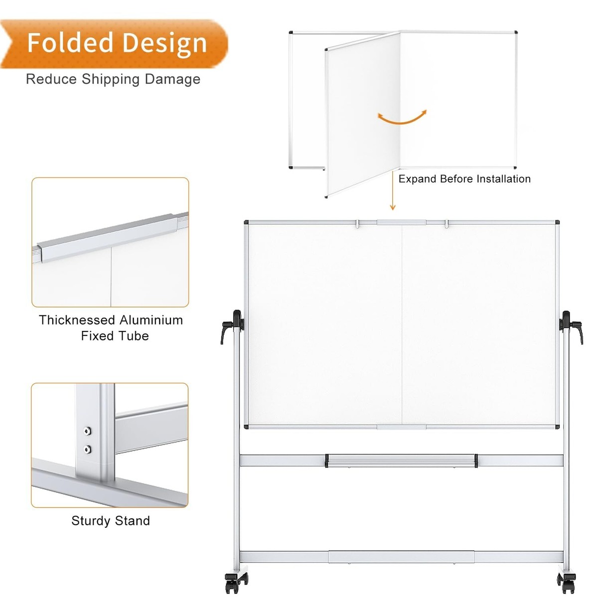 VIZ-PRO Double-Sided Mobile Whiteboard – 72x40 Inches, Magnetic, Aluminum Frame, Lockable Wheels