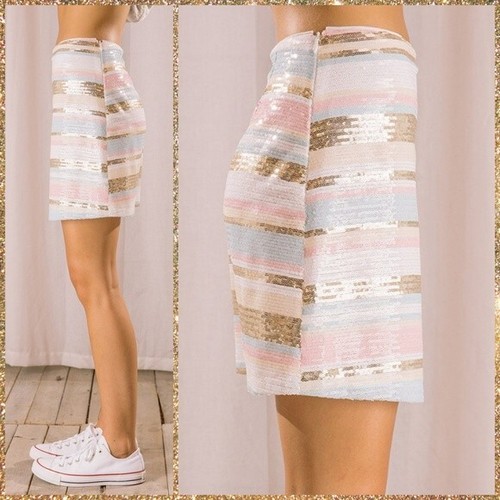 STORIA Sizes S - L Quality Sexy Pastel Color Sequin Mini Skirt Lining, Side Zip - Picture 2 of 14