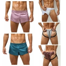 Men Shiny Satin Boxer Briefs Shorts Underwear Split Side Trunks Pouch Underpants