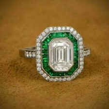14K White Gold Over 2.60CT Emerald Cut Diamond Women's Vintage Halo Jewelry Ring