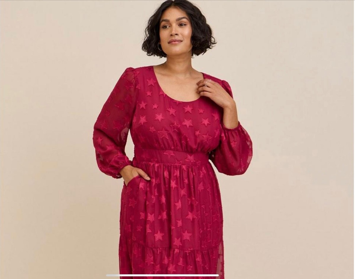 Torrid Midi Red Star Chiffon Tiered Dress Size 2x (18-20) - B1