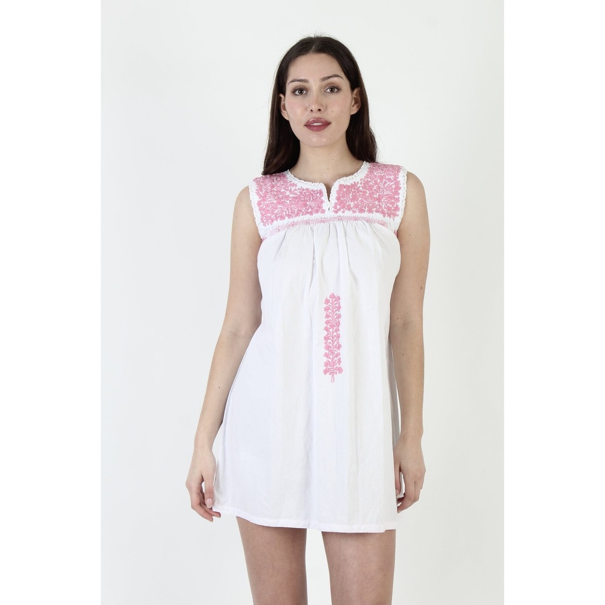 All Pink Embroidered Mexican San Antonio Mini Dress V Neck Oaxacan Short Puebla