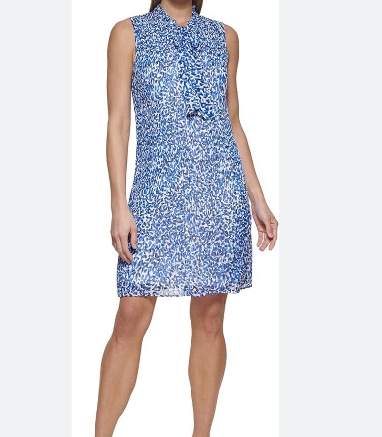 DKNY Blue/White Sleeveless Pleated Shift Dress Front-Tie Women’s Size 14 Elastic