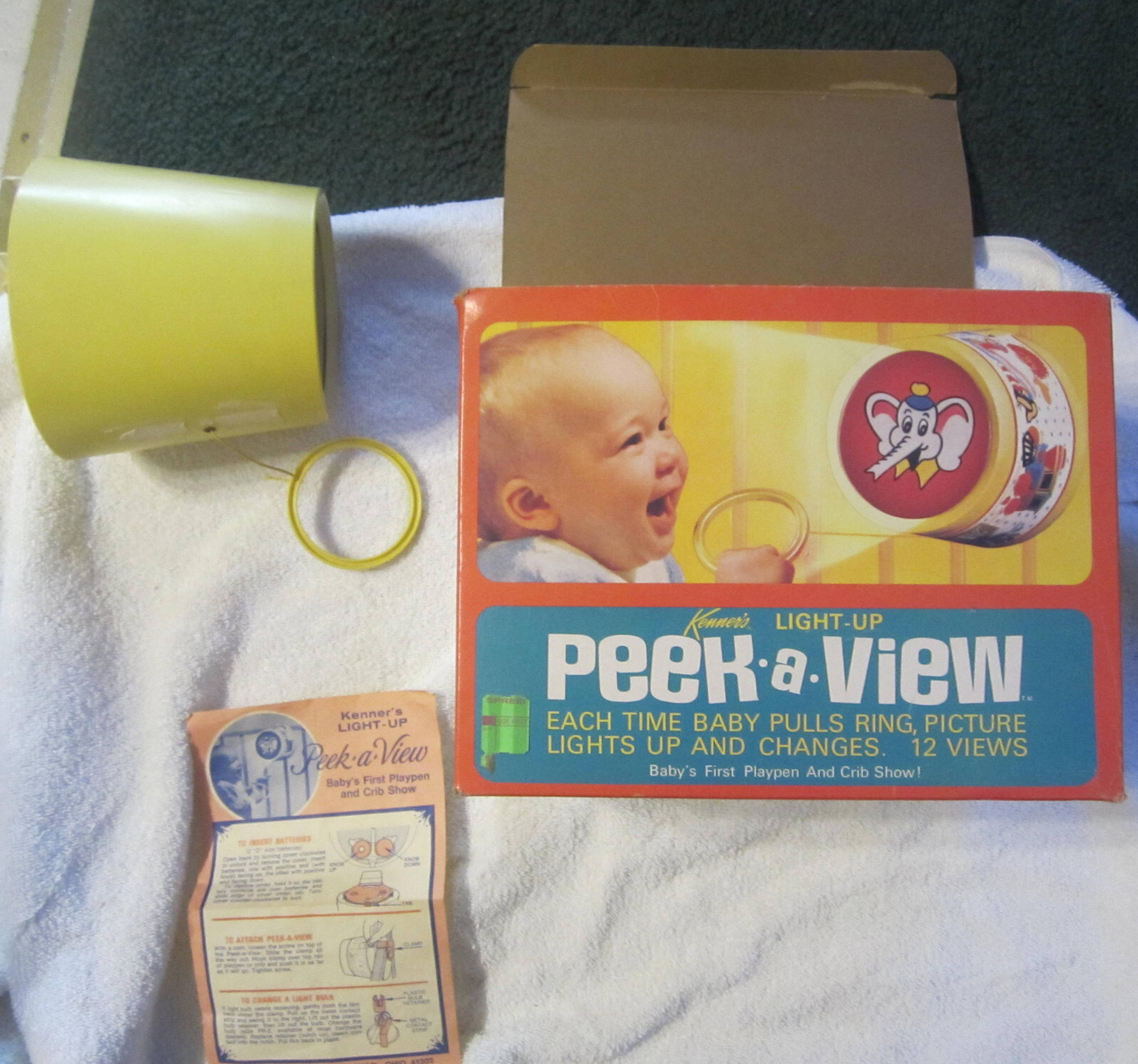 1969 Kenner Peek a View Light Up Baby Pull Toy Vintage with Original Box & Instructions