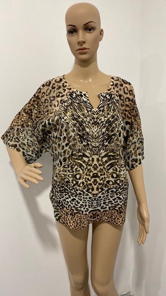 Chico’s Reverse Patchwork Flutter Split-Neck Top … - image 1