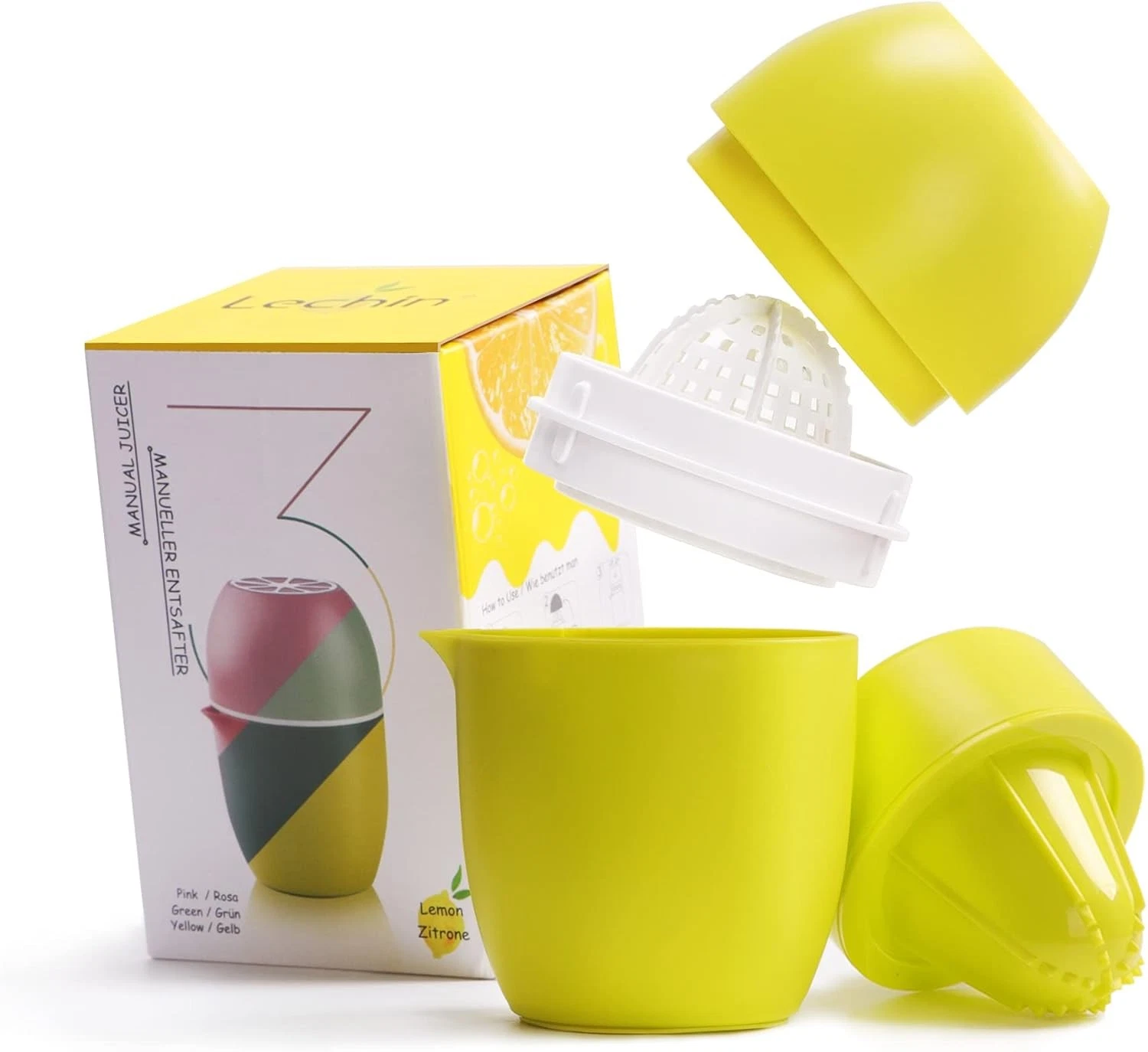 Lechin Yellow Lemon Squeezer Manual Citrus Juicer 480ml Two Cones Dishwasher