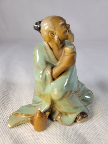 Old Asian Mud man Drinking Tea Cup & Pot Art Pottery Vintage 9cm High 1997 Rare - Picture 2 of 10