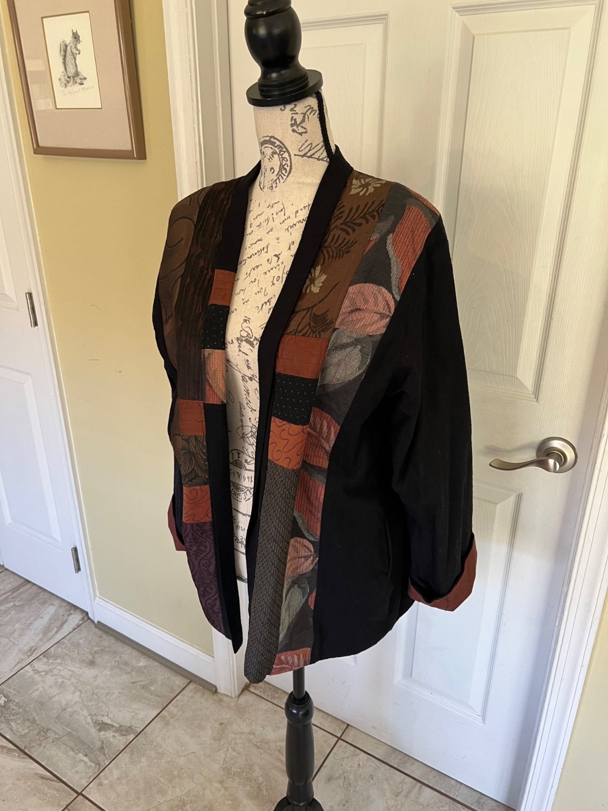 Anna Brown Open Blazer Jacket Patchwork Quilt Art… - image 3