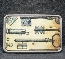 WG13165 NOS VINTAGE 1990s KEYS COLLAGE FASHION ARTWORK MENS BELT BUCKLE