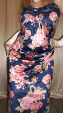 Vtg Navy Blue Peach Floral Long Nylon Nightgown S