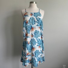 Roxy Golden Skin Tropical Floral Ruffle Hem Mini Dress Blue White NWT M