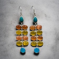 Chalcedony, Turquoise & Monalisa Drop Earrings, 925 Silver Women Handmade Dangle