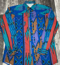 VTG 80s Western Plains Trading AZTEC SOUTHWESTERN Shirt M Buttons Blue Red Teal