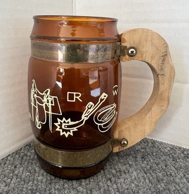 Siesta Ware VTG Amber Glass Wood Handle Mug Cowboy Western Ranch Saddle Spur