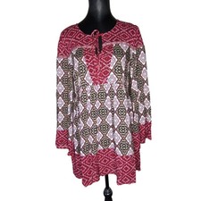 Umgee USA Boho Mini Dress – Geometric Tribal Print, Bell Sleeves - Small