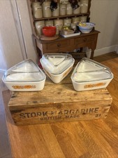 Vintage Set 3 Pyrex Glass Marigold & Sunflower Triangular Lidded Dishes - Great!