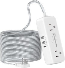 Flat Extension Cord 25FT 4 AC Outlets 3 USB Ports 5V/3.4A 17W Braided Cord