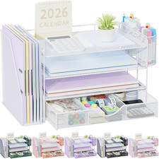 File Organizer with Drawer and Pen Holders, 4-Tier Desktop Office Storage White