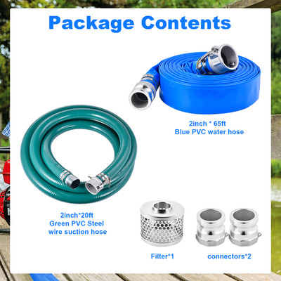 Suction Hose Kit for Water Pump 2 in x 20 ft Green/65 ft Blue Hoses--
