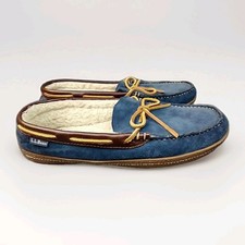 LL Bean Wicked Good Moccasins Mens 10 Blue Suede Shearling Slippers 252655