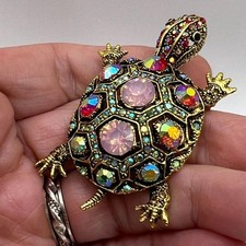 Elegant Women's Turtle Brooch Pin  Multi-Colored Rhinestone Accents USA