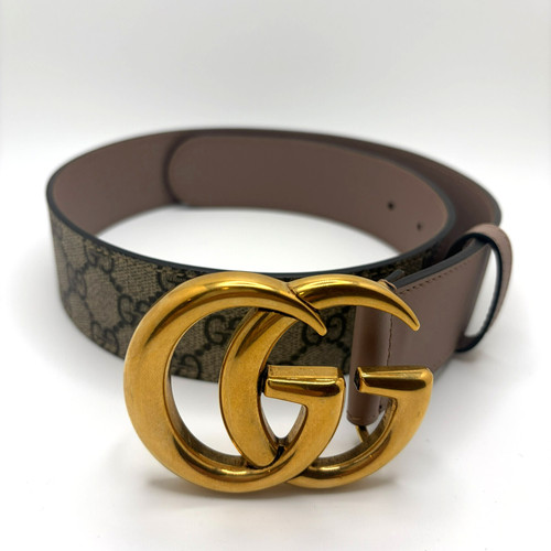 Gucci GG Marmont Belt 70/28 XXS GG Supreme Taupe Leather Gold Buckle w/ Dust Bag