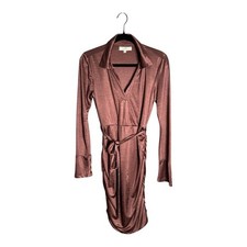 Louna Maroon Long Sleeve Belted Dress With Ruching & Collared Neckline Sz Small