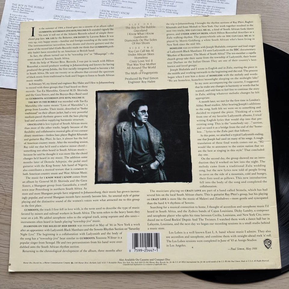 Paul Simon LP "Graceland" 1st US Press 1986 Warner Bros Complete W/OG Sleeve! - Image 4 of 4