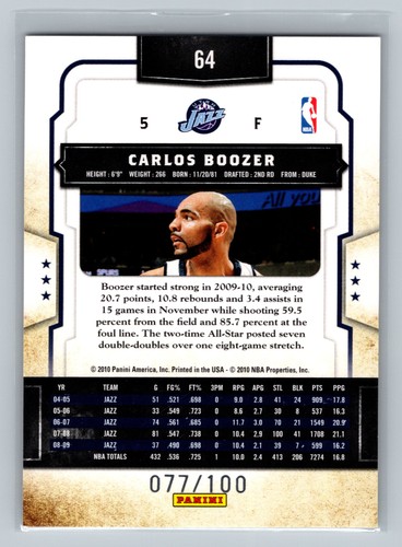 2009 Panini Classics Timeless Tributes Silver Carlos Boozer /100 #64 Utah Jazz - Picture 2 of 2