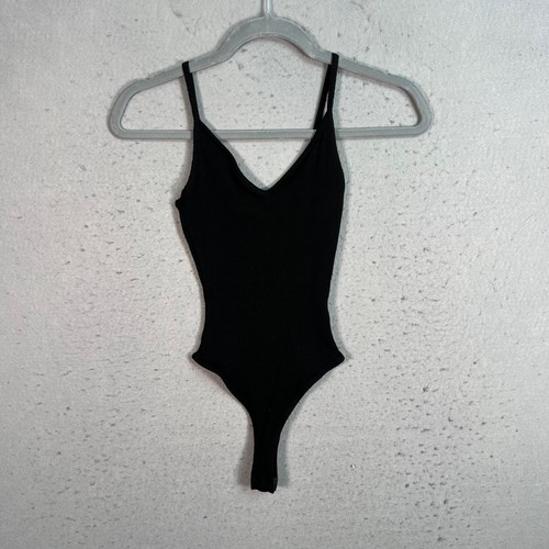 Lulus Basics Black Ribbed Bodysuit V-Neck Spaghetti Strap Size Small