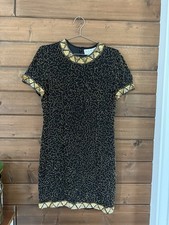 AJ Bari Vintage Mini Dress Size 12 Sequin 100% SILK Black and Gold Beaded