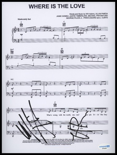 will.i.am & Taboo "Black Eyed Peas" SIGNED 'Where Is the Love' Sheet Music ACOA