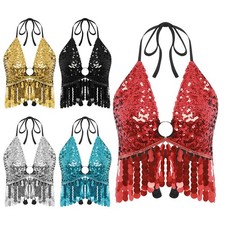 US Womens Sequin Tassel Halter Neck Bra Sleeveless Backless Belly Dance Crop Top