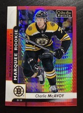 2017 O-Pee-Chee Platinum #155 Charlie McAvoy Marquee Rookie Card Red Prism /199. rookie card picture