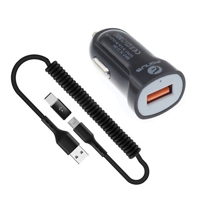 24W Fast Car Charger Coiled USB Cable Micro-USB to USB-C Adapter for Smartphones