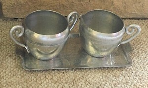 Vintage two 3 piece aluminum style ornate handle sugar/creamer set with tray