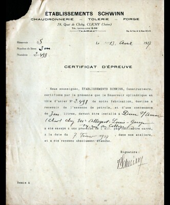 CLICHY (92) KESSELWERK TOLERIE FORGE ''Ets SCHWINN'' 1927