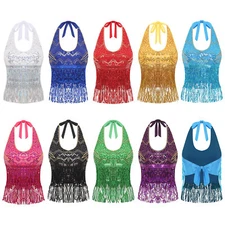 Women Costume Dance Top Sequins Bra Nightclub Self Tie Cosplay Lace-up Stage