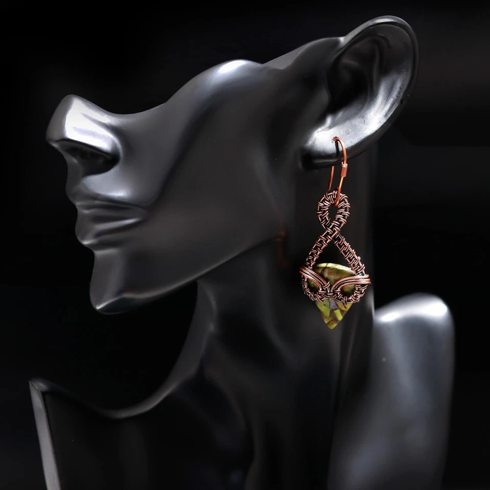 Brinco de cobre espinhoso turquesa pedra preciosa feito à mão joia fio envolto cobre - Imagem 2 de 4