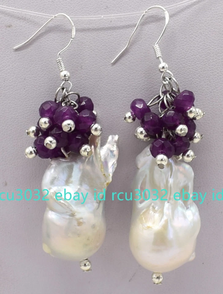 Natural White Baroque Keshi Pearl & Faceted Multciolor Jade Dangle Hook Earrings - Image 3 of 4