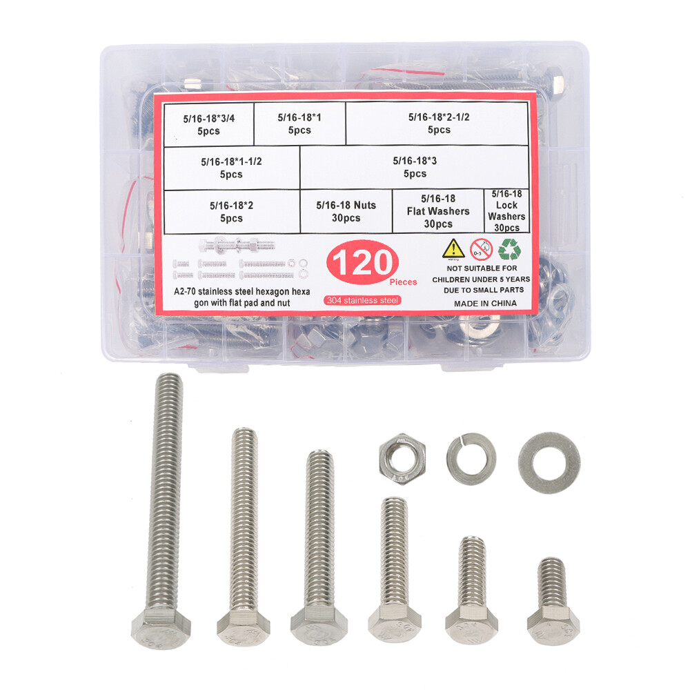 120 Pcs 5/16-18 Hex Bolts And Nuts Assortment Flat & Lock Spring Washers Kit