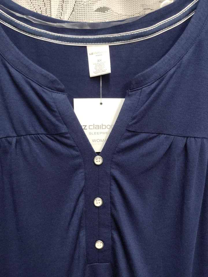 3X JUEGO DE PIJAMAS LIZ CLAIBORNE TOP DE PUNTO AZUL MARINO Y PANTALONES CORTOS TEJIDOS DELANTEROS PULL-UP Foto 4 de 4