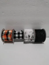 Celebrate It Ribbon Lot Of 4 Rolls Halloween Used Black White Orange Plaid 2.5"