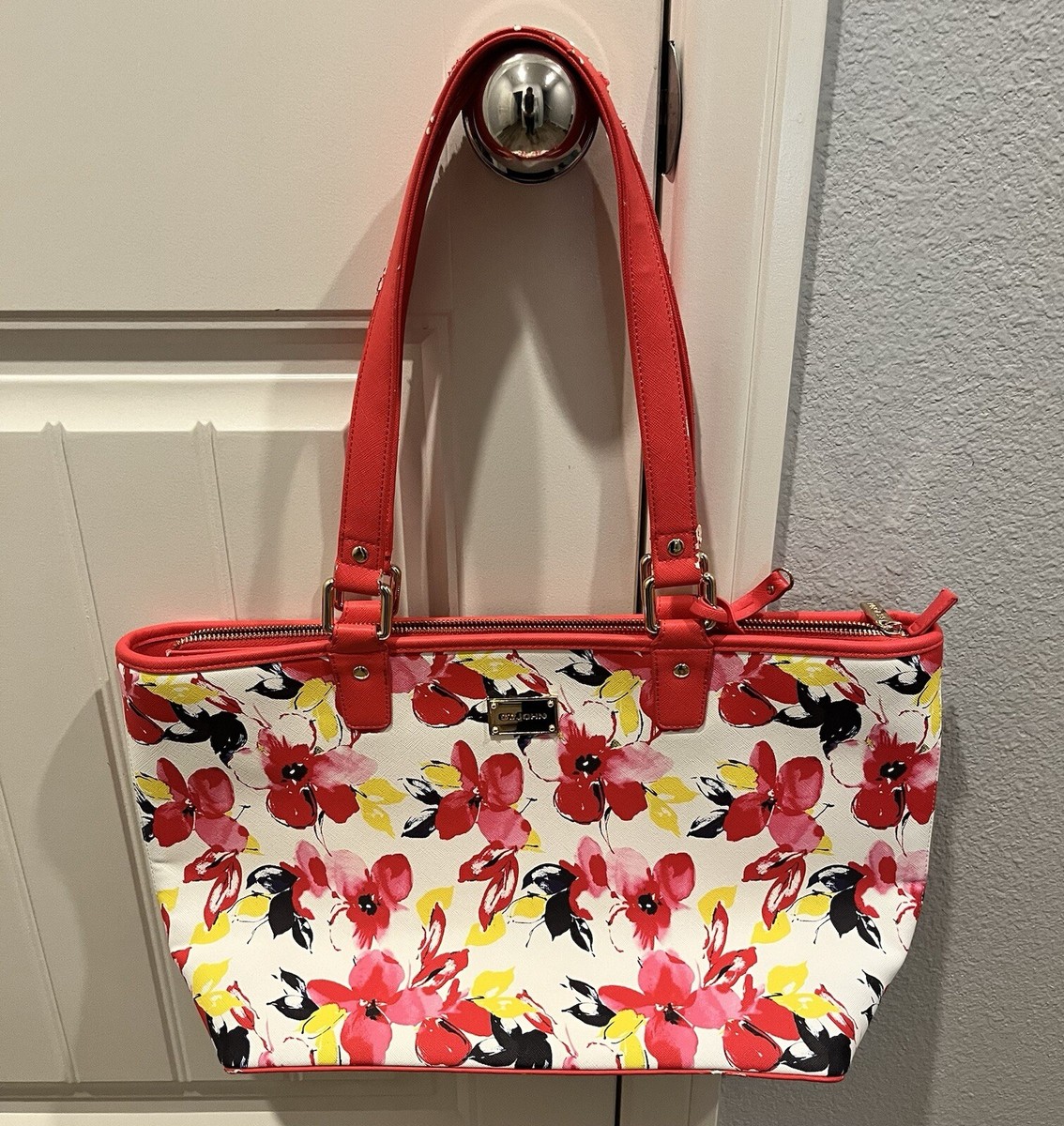 ★TOUT Y EST★ 2pm orange NR1FKS006OR ST. JOHN ORANGE/WHITE/Multi Gold Floral Purse F-aux Leather